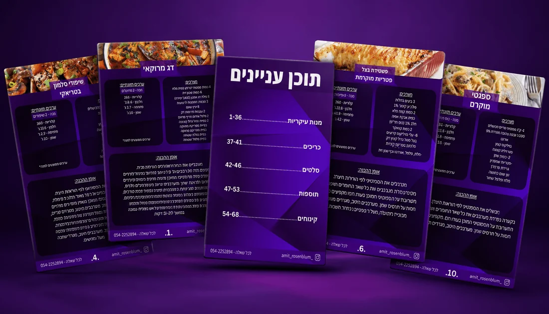 ספר המתכונים - כרטיסי מתכונים עם הערכים התזונתיים לכל מנה