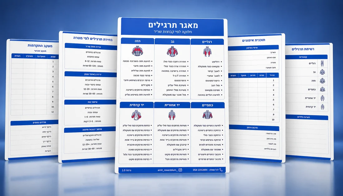 מאגר התרגילים וטבלת המעקב - תרגילים לפי קבוצת שריר, תוכנית אימונים ויומן התקדמות