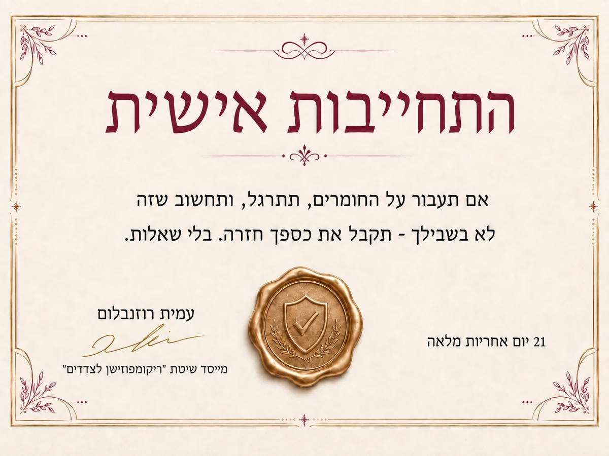 התחייבות אישית מאת עמית רוזנבלום, מייסד שיטת ריקומפוזישן לצדדים: אם תעבור על החומרים, תתרגל, ותחשוב שזה לא בשבילך - תקבל את כספך חזרה. בלי שאלות. 21 יום אחריות מלאה.